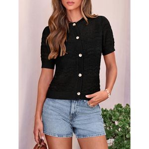 Cárdigan de verano para mujer, de ganchillo, manga corta abullonada, ligero, corto, con botones, suéter de punto para playa - Product Image 6