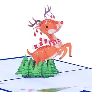 定制印刷可爱纸工艺3d弹出式圣诞礼物驯鹿明信片贺卡带信封