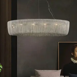 Round Crystal Wire Mesh Chain Tassel Dining Table Bedroom Ballroom Light Luxury Pendant Lamp Villa Chandelier