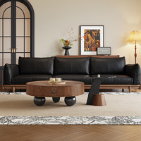 Ensemble de table basse et table d'appoint ronde en bois créative et économique : Noyer avec tiroir, pieds en boule (Salon minimaliste)