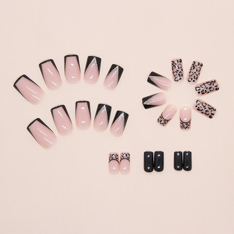 24pcs Dark Leopard Print with Subtle Shimmer Square False Nails Style Press-on Stick-on Nails for Artificial Fingernails