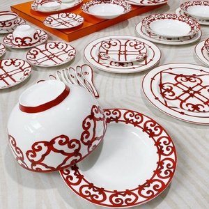 Chinese <b>Red</b> European High Quality Bone China Luxury Dinnerware <b>Set</b> with Cup Kit Plant Pattern Gift Box - Product Image 5