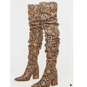 Bottes hautes pour femmes à imprimé peau de serpent marron, grande taille 43, bottes cuissardes à effet empilé, bottes à talons aiguilles - Product Image 5