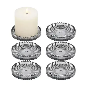 2024 Ribbed Gray Colored Short Glass Pillar Candle Holder 3.8 Inch Candle Holders For Pillar Candles