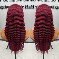Perruque bouclée Deep Wave de luxe en cheveux bruts birmans alignés, avec dentelle frontale HD 13x6, couleur gingembre bordeaux, sans colle
