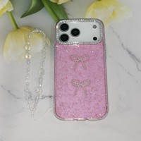 Coque de téléphone mignonne avec nœud et paillettes, cadre d'appareil photo en strass, bracelet perlé, protection pour iPhone 17 Pro Max Samsung Redmi