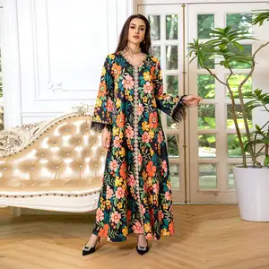 607 Luxury Ramadan Muslim ethnic style long sleeve women's Kaftan Abaya Dress Elegant Maxi Dress floral jalabiya Dubai Abaya Who