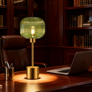 Modern Brass <b>Table</b> Lamp Green Ribbed Glass Shade Touch Control Dimmable LED Bedside Desk Lighting - Product Image 2