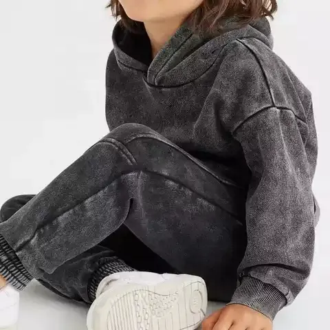 High Quality Fashion Spring Designer Vintage Washed Black Color Baby Boy Hoodie Sets Tracksuit For Kids