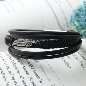 Tibetan Silver Feather <b>Leather</b> <b>Bracelet</b> Black Titanium Steel Woven Round Charm <b>Bracelet</b> Fashion Jewelry - Product Image 3