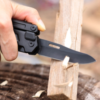 GHK28-AL Schwarzes Multitool-Rettungswerkzeug mit Sicherheitsschere, Feuerstarter, Säge, Glasbrecher, Klappmesser, Zange, EDC
