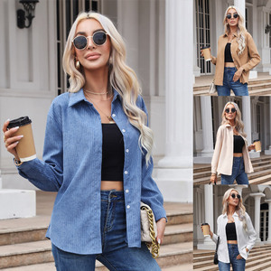 Nouvelle chemise formelle élégante en coton à col rabattu et à boutons de couleur unie pour dames - Product Image 1