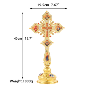 HT 40cm Orthodoxes Standkreuz, vergoldetes Kruzifix mit Strass und Ikone, Kirchenaltar-Dekoration, christliches religiöses Geschenk - Product Image 6