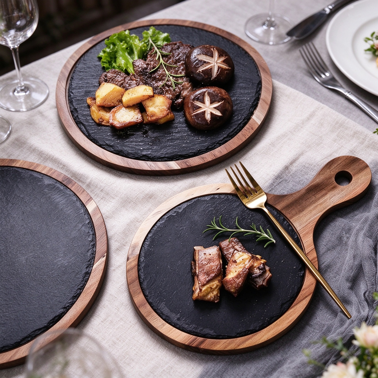 Small Black Slate Stone Acacia Wood Slate Pizza Plate Black Western Food Plate Sushi Steak Plate For Children