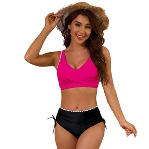 Traje de baño bikini de dos piezas para mujer, diseño con cuello en V y parte inferior de cintura alta para nadar y practicar deportes acuáticos, color negro, verde militar - Product Image 5