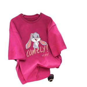 Camiseta de Manga Corta para Mujer, Talla Grande, de Algodón Peinado, Transpirable, Holgada, Informal, con Estampado de Dibujos Animados, Cuello Redondo, para Verano - Product Image 1