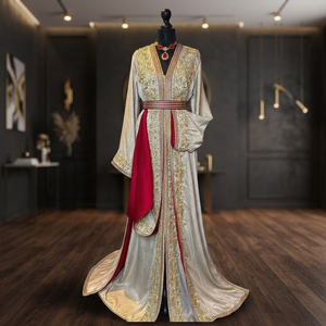 Elegant Gold Embroidered Floral Vintage Handmade Breathable Polyester <b>Abaya</b> Red Trim Floor Length High Neck Long Sleeve Wedding - Product Image 4