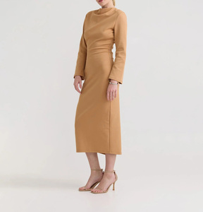 Elegant Camel Cowl Neck Bodycon Midi Dress for Women, Long Sleeve Slim Fit Formal Office Wear - Product Image 4