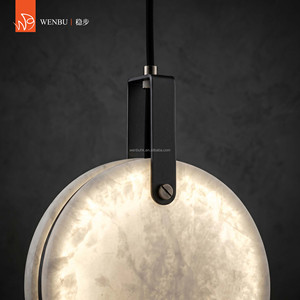 Lampe suspendue ronde en albâtre, laiton noir, pour chambre à coucher, villa, hôtel - Product Image 2