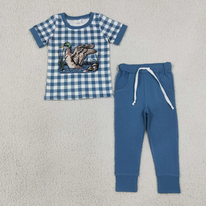 Ensemble pyjama imprimé canard mallard pour garçons, haut à manches courtes en vichy bleu, pantalon long à cordon de serrage, tenue 2 pièces pour enfants - Product Image 6