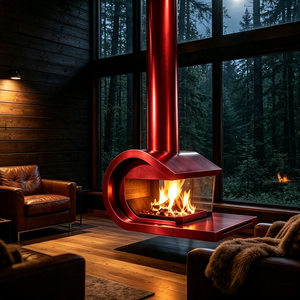 Cheminée suspendue au design exquis, cadre incurvé en C, foyer fermé à 3 côtés en verre, poêle à <span class=keywords><strong>bois</strong></span> sans fumée - Product Image 5