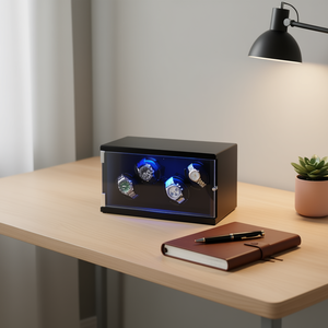 D0100H53P38 Estuche para Relojes con Capacidad para 4 Piezas, Estante Rectangular, Carcasa de Tablero de Alto Brillo, Luz LED Azul Súper Silenciosa, Caja de Almacenamiento para Relojes - Product Image 2