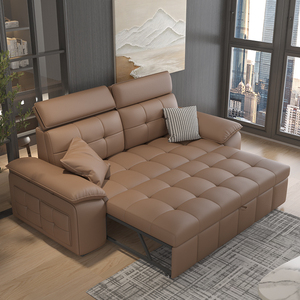 Sofá <span class=keywords><strong>Cama</strong></span> Extraíble de Cuero Italiano con Taburetes Ocultos, Sofá <span class=keywords><strong>Cama</strong></span> para Sala de Estar, Venta al por Mayor, Sofá <span class=keywords><strong>Cama</strong></span> Moderno Marrón de Alta Gama - Product Image 3