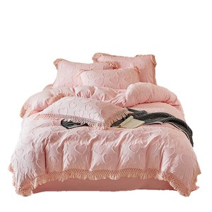 Parure <span class=keywords><strong>de</strong></span> lit bohème <span class=keywords><strong>de</strong></span> luxe avec pompons en forme <span class=keywords><strong>de</strong></span> cœur, 4 pièces, draps en polyester doux à découpes françaises, respirants, esthétiques, tendance, décoration intérieure - Product Image 5