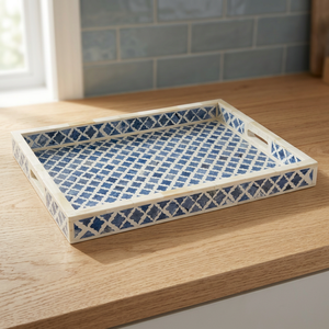 Plateau de service artisanal en bois bleu géométrique avec incrustation d'os, cadre ivoire, élégant plateau de table basse, décoration de cuisine, ensemble de vaisselle de salle à manger - Product Image 1