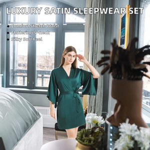 Nouveautés Robes de chambre en satin de soie de luxe personnalisées pour femmes Ensemble de pyjama à motifs unis - Product Image 2