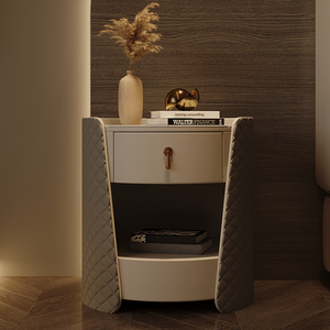 Italian Minimalist <strong>Round</strong> Nightstand Genuine Leather Cabinet with Sintered Stone Top Bedroom Luxury Solid Wood <strong>Bedside</strong> <strong>Table</strong> - Product Image 1