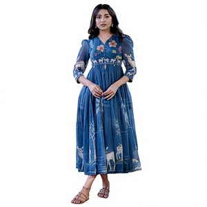 Vestido Midi Casual Europeo Americano con Cuello en V, Estampado Floral, Manga con Volantes, Cintura Imperio, Corte Regular, para Mujer, Verano - Product Image 1