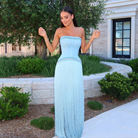 Vestido de Noche Lsz520 de Lujo, Azul Cristal, Sin Tirantes, con Flecos de Cintura con Cuentas Hechas a Mano, para Mujer, Vestidos de Fiesta de Boda, Jancember