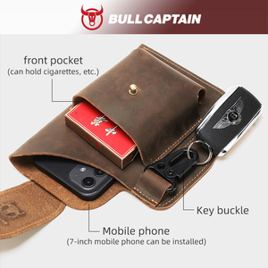 BULLCAPTAIN Sac banane vintage rétro pour sports de plein air en cuir véritable, sacoche de téléphone portable en forme de baril avec fermeture éclair, direct usine - Product Image 3