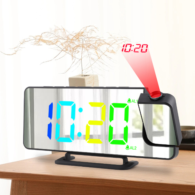 Modern 3D Desk Wall Design LED Digital Projection Alarm Clock Electronic Movement Type Dual Alarm Mirror Exclusive Clockshopping
