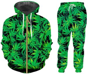 Giản Dị Thời Trang Phố Áo Và Quần Màu Xanh Lá Cây Cây Cây Gai Dầu Lá Thiết Kế In Ấn 3D Crewneck Áo chui đầu Người Đàn Ông Tracksuit - Product Image 1