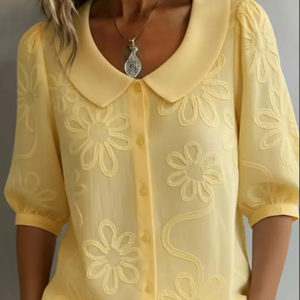 เสื้อเชิ้ตผู้หญิงสไตล์วินเทจสำหรับฤดูร้อน ระบายอากาศได้ดี ปักลายดอกเดซี่ คอทรงโอ แขนปกติ ติดกระดุม ทรงลำลอง - Product Image 1
