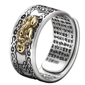 Pixiu classique écritures bouddhistes ouvert anneau réglable Feng Shui amulette chance bénédiction changement destin richesse bijoux porte-bonheur