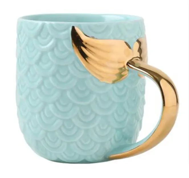 मत्स्यांगना पूंछ का हैंडल मोती ग्लेज मग सोने का सिरेमिक पानी मजेदार कप मग मग