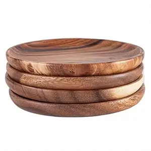 Hot Sales Wholesale Acacia Round Tray Natural Serving Plate Wood Dinner Plate Dish for Food Snack