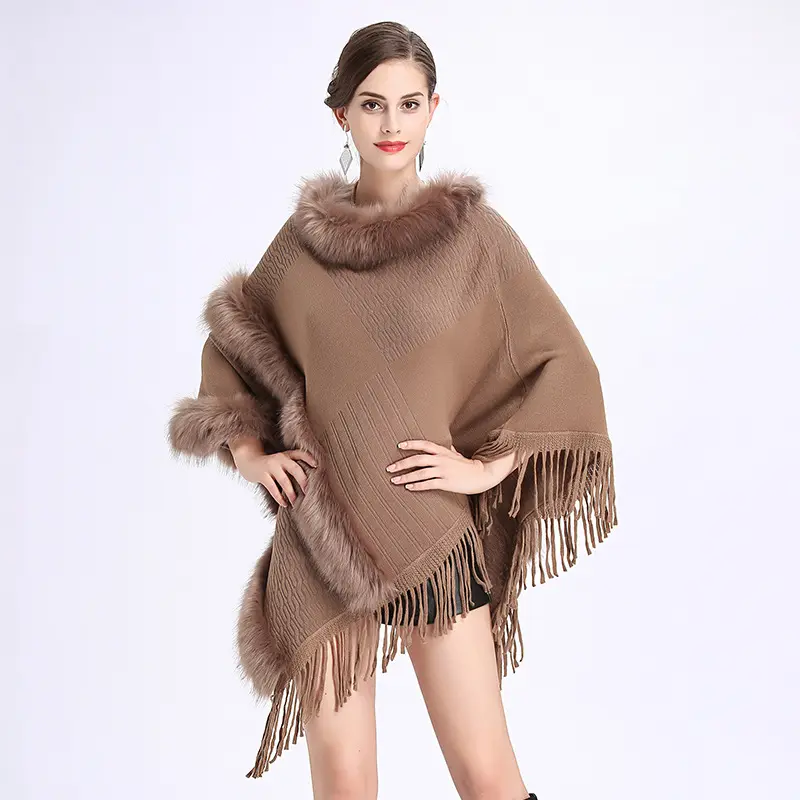 Winter Luxury Fashion Lady Knitted Pale Poncho Scarf Shawl Fur Cape For Women Sweater