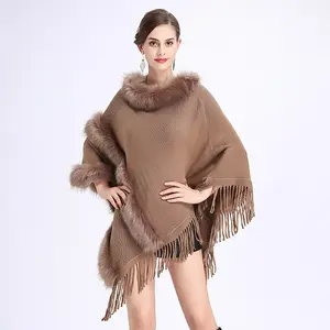 Fashion Mewah Musim Dingin Wanita Rajutan Syal Ponco Pucat Selendang Bulu Cape untuk Wanita Sweater