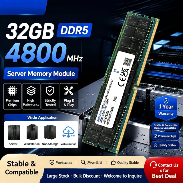 32GB DDR5 4800MHz RDIMM Server Memory 2Rx8 PC5-38400 ECC Registered 288-Pin CL40 1.1V High Performance Upgrade Server