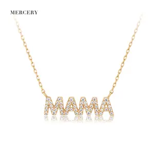 Mercery Perhiasan Klasik Inisial Cinta MAMIE 14K Kalung Emas Asli MAMA Huruf Liontin Emas 14K Kalung Hari Ibu Berlian