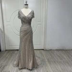 Silver Nude Mermaid Evening Gowns for Women 2023 Dubai Luxury Beading Sparkle Sleeveless Sexy Formal Dress