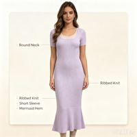 Faith Midi Robe côtelée moulante pour femme, manches courtes, très longue, violette, en maille, haute qualité, OEM & ODM, vente en gros