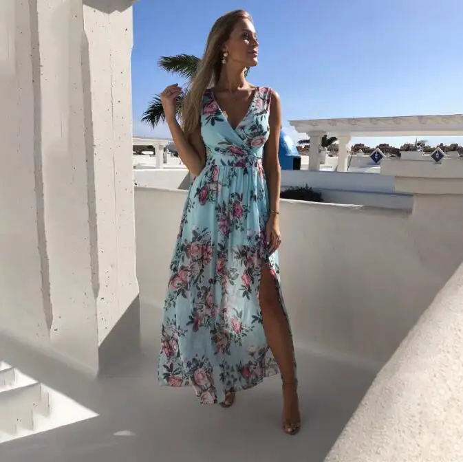 Robe longue en mousseline de soie, nouveauté, tenue imprimée Sexy, sans manches, vêtement de plage, fente latérale, pour femmes et filles, collection été