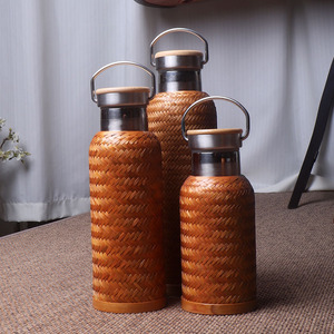 Bamboo Woven Stainless <b>Steel</b> Water <b>Bottle</b> Insulated Travel Flask With Lid 12-24 Hours Thermal Retention Round Shape For Outdoor - Product Image 2