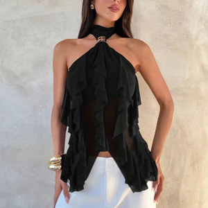 Chemisier asymétrique à volants superposés pour femme, col halter, sans manches, idéal pour les vacances d'été - Product Image 1