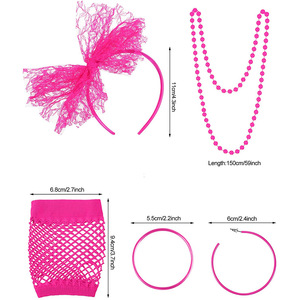 Ensemble d'accessoires de fête rose fluo : Bandeau, boucles d'oreilles, collier, bracelet, gants résille – Accessoires de déguisement pour femme - Product Image 2